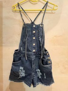 Distressed Denim Short Overalls