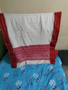 Elegant White Silk Saree with Red Borders