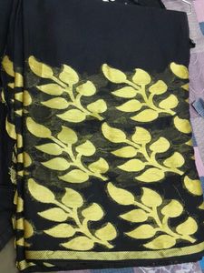 Black Chiffon Saree With golden Leaf Work