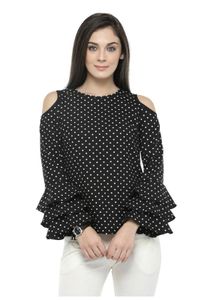 Polka Dot Cold Shoulder Ruffle Sleeve Top