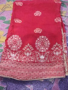 red and off white colour banarasi suit