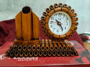 Bamboo Desk Organizer with Clock