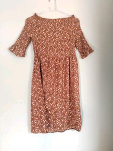 Floral Print Brown Knee Length Dress 🤎۶ৎ