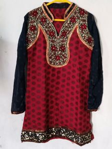Red Kurti || Printed And Worked