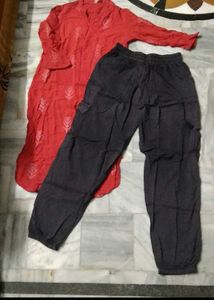 Red Kurta Black Cargo Style Pent