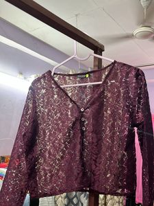 Maroon Lace Button Up Crop Top