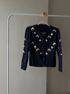 Vintage Navy Blue Embroidered Knit Cardigan
