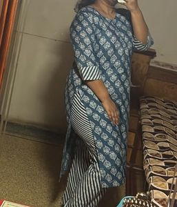 Blue Printed Kurti Pant Set