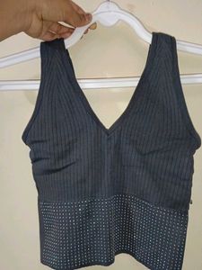 Ribbed V-Neck Rhinestone Tank