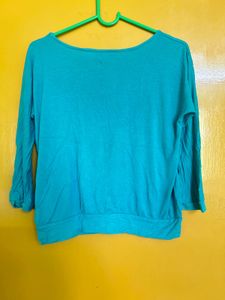 Teal Blue 3/4 Sleeve Embellished Casual Top