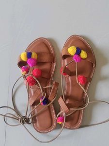 Brown Tie Up Sandal With Colourful Pompoms