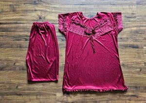 Satin Night Suit Set with Lace Details