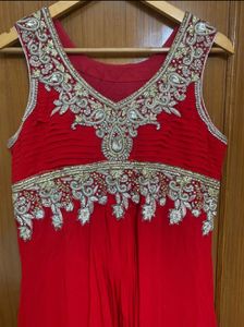 Red Flared Gown/Dress With Heavy Embroidery