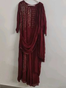 Maroon draped saree look gown