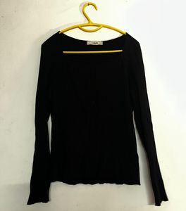 Black Ribbed Knit Long Sleeve Top