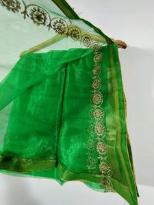 Green And Cream Embroidered Lehenga (Women's)