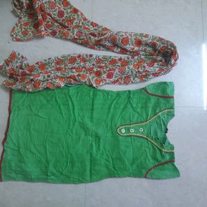Light Green Short Cotton Kurta With Shawl