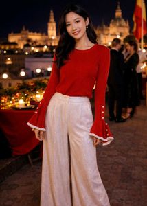 Red Knit Top with Bell Sleeves