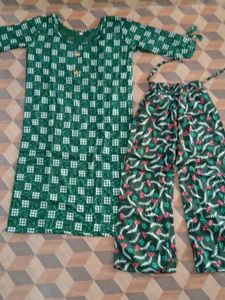 Green Printed Kurti Pant Set