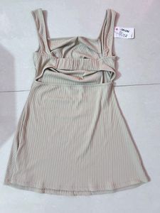 Ruched Square Neck Mini Dress In Beige