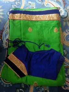 Green &amp; Blue Embroidered Saree Set