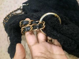 Fuzzy Navy &amp; Gold Studded Shoulder Bag