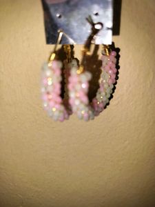 Pink & White Beaded Hoop Earrings