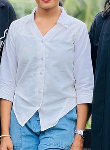 White Three-Quarter Sleeve Button-Down