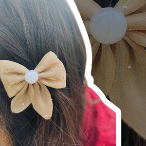 Chic Coffee Brown Bow Hair Clips with Pearl