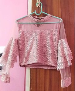 Elegant Pink Lace Bell Sleeve Top