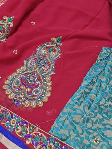 Teal And Red Embellished Saree