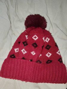 Red Patterned Knit Beanie with Pom
