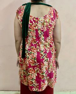 Pink Floral Tunic - Green Mirror Work - Size L