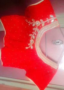 Women Stiched Velvet Blouse Heavy Work Red Cherry