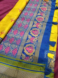 Yellow &amp; Blue Saree Cotton Silk
