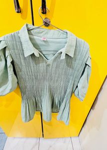 Mint Green Pleated Puff Sleeve Top
