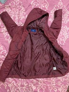 Women Burgundy Quilted Hooded Jacket