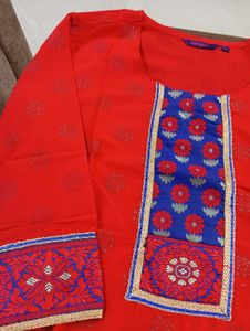 Red Kurti With Blue Patchwork