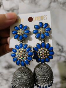 Women Fashion Earrings Blue Stones Oxidised Silver