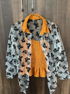Butterfly Top & Sheer Blouse Set