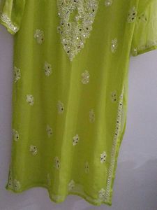 Parrot Green Chikenkari Kurta With Shameez