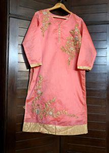 Women Peach Hand Embroidery Chanderi Silk Kurta