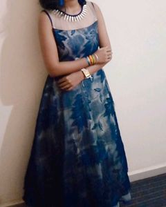 Blue Floral Illusion Neckline Dress