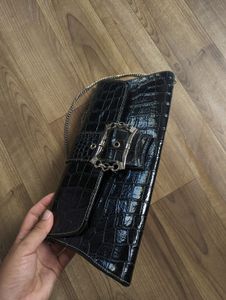 Black Croc Embossed Clutch with Chain Strap