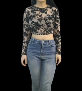 Floral Mesh Long Sleeve Crop Top