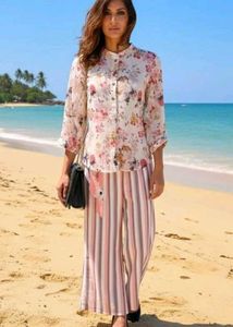 Floral Top &amp; Striped Pants Set🍂🍁