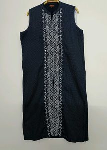 Navy Blue Sleeveless Kurti with Ethnic Embroidery