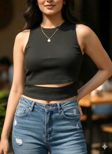 Black Ribbed Cut-Out Crop Top – Size M
