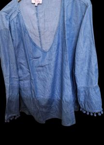 2 XL Denim Top with Pom-Poms