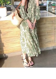 One-Size Elegant Green Print Off-Shoulder Dress